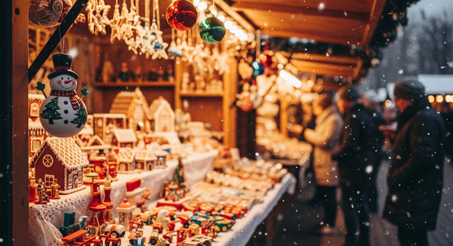 Outdoor market stall filled with Christmas decoration, gingerbread house, and wooden toys, representing festive tradition and holiday spirit in winter