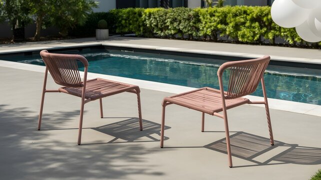 Outdoor Patio Chairs Beside Modern Swimming Pool In Bright Sunlight