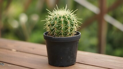 Small Round Cactus In Black Pot On Wooden Table Outdoors