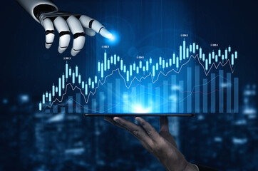 A sleek robotic hand reaches for a digital tablet displaying stock market trends and data analysis,...