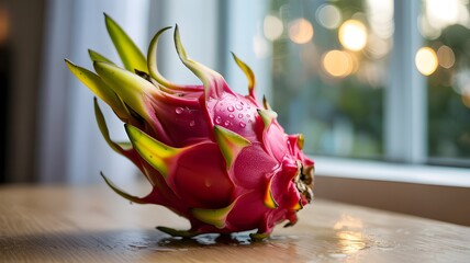 Fresh Dragon Fruit With Water Droplets On Wooden Table Near Window Light