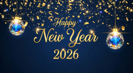 Festive background with golden confetti and crystal orbs, celebrating the upcoming year 2026, representing cheer, celebration, and modern elegance