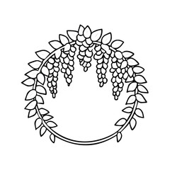 Obraz premium Elegant round frame with hanging wisteria flowers and leaves black and white line art illustration