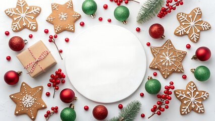 Festive Christmas Flat Lay with Gingerbread Cookies, Ornaments, Berries, and Blank White Circle for Text