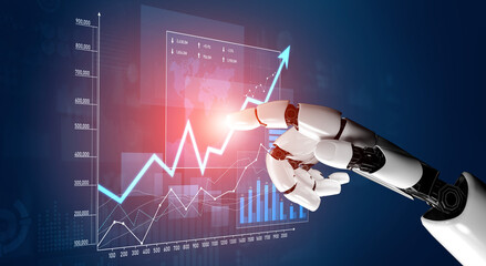 A robotic hand reaches towards a rising financial chart in a digital environment, highlighting the connection between technology and business growth in modern analytics. Scalp