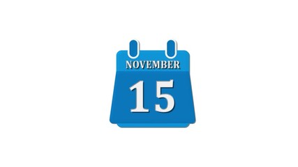 November 15 date icon, calendar reminder animation, blue schedule symbol, digital planner alert, event notification graphic, time management design, important day marker, appointment highlight, minima