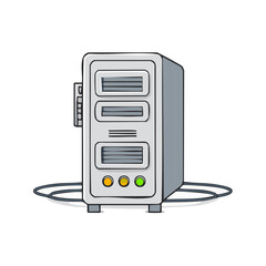 Obraz premium Retro computer server tower with front panel lights and power cable illustration