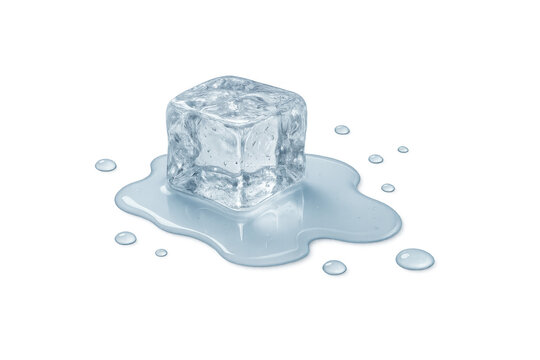 Ice cube melting on a surface, water puddle forming with drops, transparent frozen liquid dissolving process