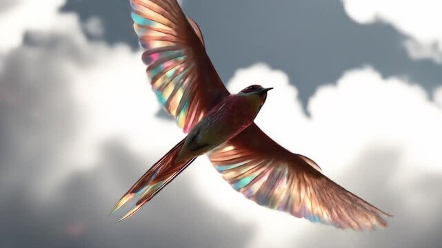 Soaring bird in flight against a cloudy sky with sunlight and iridescent wings