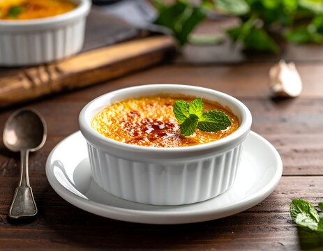 Creme brulee in ramekin garnished with mint leaves on a wooden table background - Powered by Adobe