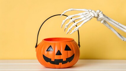 A spooky skeleton hand reaches for a classic orange pumpkin candy bucket, ready for trickortreating against a vibrant yellow background, embodying the festive halloween spirit
