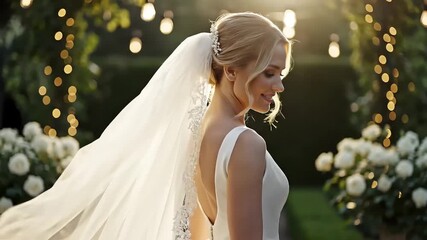 Elegant blonde bride smiling and turning over her shoulder, her sheer white veil billowing dramatically in the golden hour light outdoors, perfect for wedding announcements and luxury event promotions