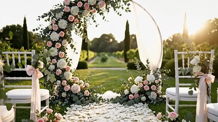 Elegant outdoor wedding ceremony setting with a circular floral arch decorated with pink and white roses, perfect for luxury event planning and romantic storytelling videos.