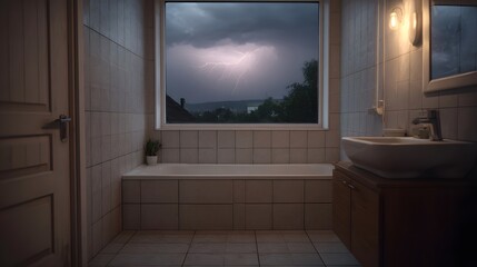 Dramatic lightning storm illuminates the sky as seen through a bathroom window above a bathtub