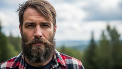Young caucasian male with beard in outdoor nature scene