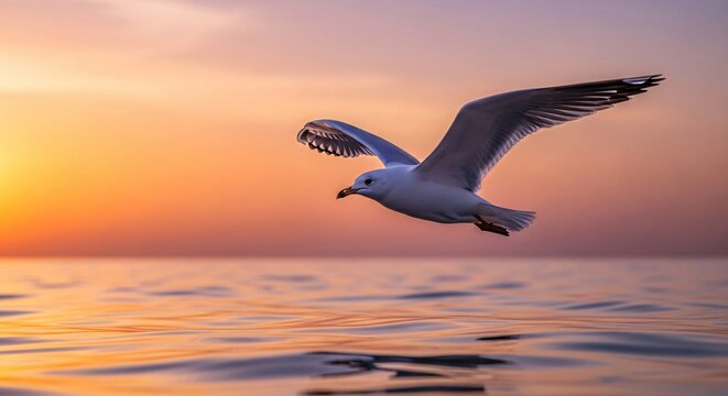 Seagull soaring over ocean water at sunset sky with wings spread wide
