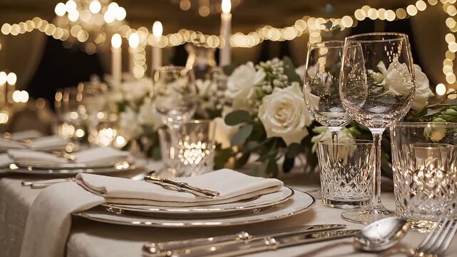 Elegant and intimate close-up of a formal dinner table set with crystal glasses, silver plates, white roses, and glowing bokeh, ideal for holiday commercials and upscale catering branding.