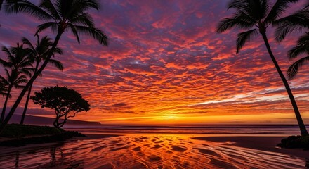 Vibrant sunset over calm water with palm trees silhouetted against a colorful sky