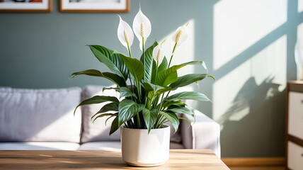 Peace Lily Houseplant In Sunlit Living Room Interior For Home Decoration