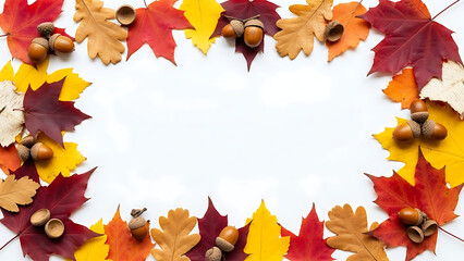 A vibrant frame of colorful autumn leaves and acorns on a white background, creating a beautiful seasonal border with ample copy space for text