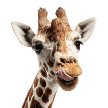 Close up portrait of a curious giraffe with its tongue sticking out playfully against a dark background isolated on transparent background