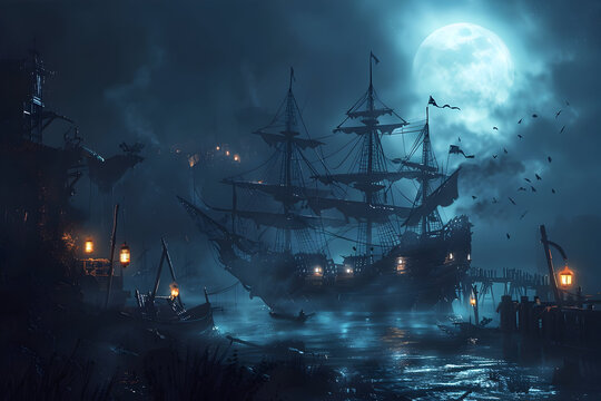 Eerie ghost ship by haunted shore with glowing lanterns under full moon - Powered by Adobe