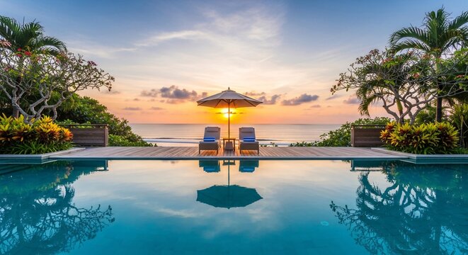 Tranquil poolside scene with umbrella and chairs at sunset over the ocean