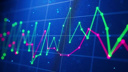 A looped 3D animation of glowing financial line charts moving across a digital grid, depicting dynamic market trends and data fluctuations for finance, trading, and analytic visuals. - Powered by Adobe