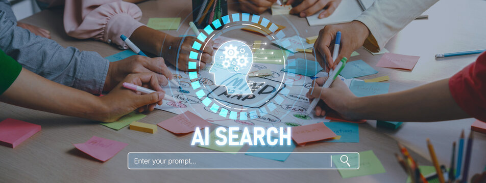 A vibrant scene depicting diverse hands engaged in an AI search brainstorming session, surrounded by colorful sticky notes in a modern workspace, showcasing collaboration. Trope - Powered by Adobe