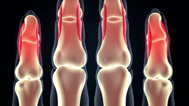 Medical animation of finger bones showing inflammation and pain