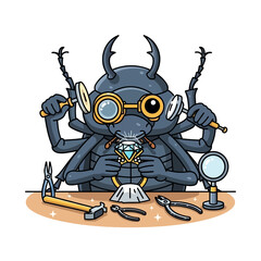 Delightful cartoon beetle jeweler crafting a sparkling diamond ring with skilled precision and tiny tools, a whimsical take on artistry