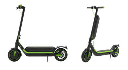 two sleek matte black electric scooters with vibrant lime green accents, side-profile and three-quarter view, isolated on transparent studio background with copy space. concept of smart urban mobility