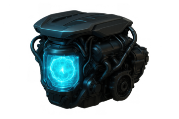 Futuristic power core engine generating blue energy for advanced technology systems and electric vehicles on transparent background