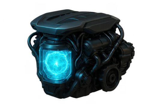Futuristic power core engine generating blue energy for advanced technology systems and electric vehicles on transparent background
