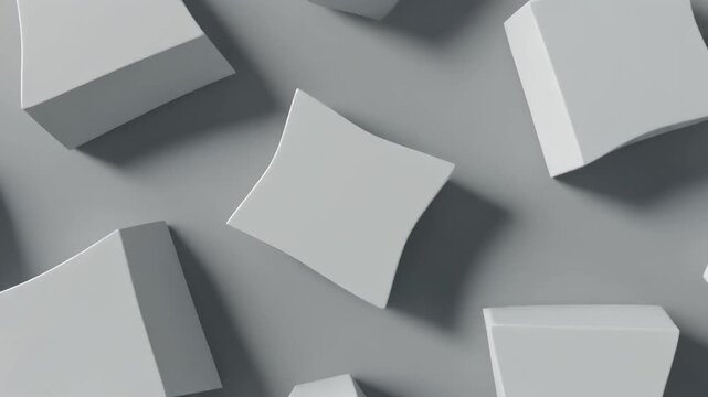 Abstract minimalist background with scattered grey geometric 3D shapes and blocks on a solid surface
