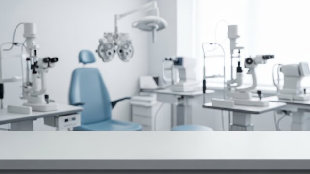 Modern ophthalmology clinic interior with exam equipment in a bright, clean setting