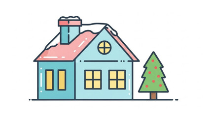 Festive winter home with Christmas tree illustration, creating a cozy holiday vibe, perfect for seasonal greetings or festive designs with a touch of charm