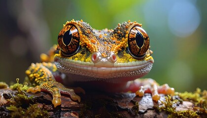 Crested gecko with big eyes rests on a mossy log. Lush green foliage blurs in the background