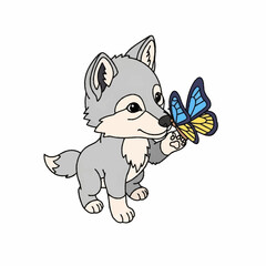 Adorable cartoon wolf cub holding a beautiful butterfly.
