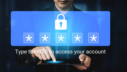 A man is entering a one-time password on a digital tablet to securely access his account. The image showcases a modern interface emphasizing digital security. Gantry
