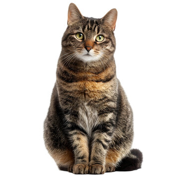 A beautiful tabby cat sitting and looking directly at the camera with a calm expression isolated on transparent background