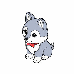 Cute cartoon wolf puppy with red bow tie sitting and looking.