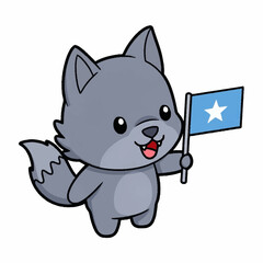 Cute cartoon wolf holding the flag of Somalia proudly.