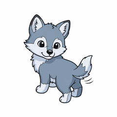 Cute cartoon wolf cub standing and wagging its tail.
