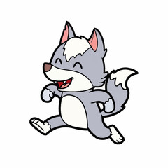 Cartoon Wolf Running Happily with a Cheerful Expression.