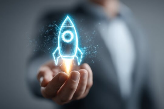 Businessman showcases holographic rocket icon symbolizing innovation and future technology in a modern office setting