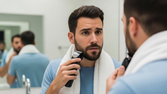 Young caucasian male grooming beard with electric shaver in bathroom mirror reflection