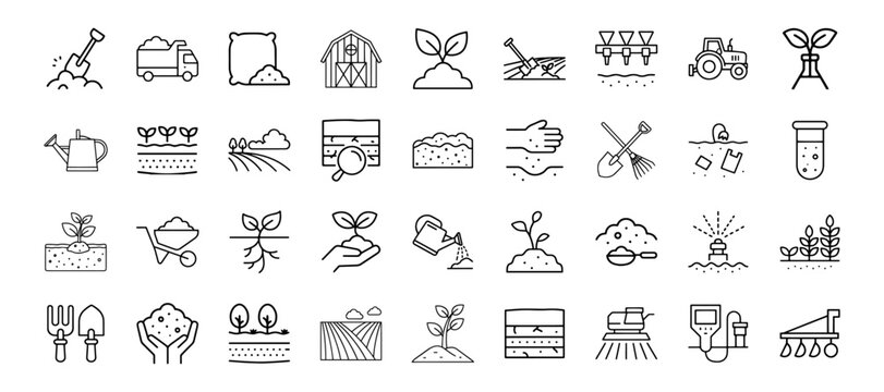 Soil line editable stroke icon set. Contain icons related to soil, ground, field, farming, and more. thin linear illustration. vector eps file