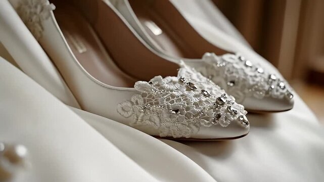 Luxury bridal white satin high heels decorated with lace and jewels lying on soft silk fabric, ideal for wedding videography and fashion advertising.