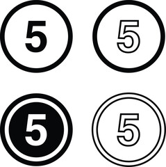 Five, Number 5 Icon Inside Circle, Line Icon – Minimalist Vector Symbol Illustration Isolated on White Background